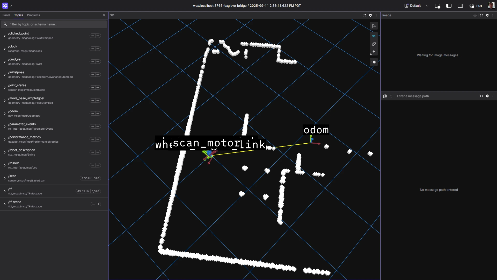 Foxglove viewer showing Maker's Pet Mini Arduino/ROS2 robot LiDAR scan