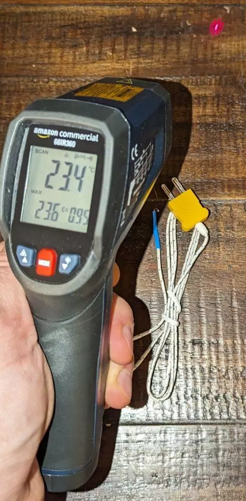My table's surface temperature is 23.4 degrees Celsius according to this infrared handheld temperature sensor