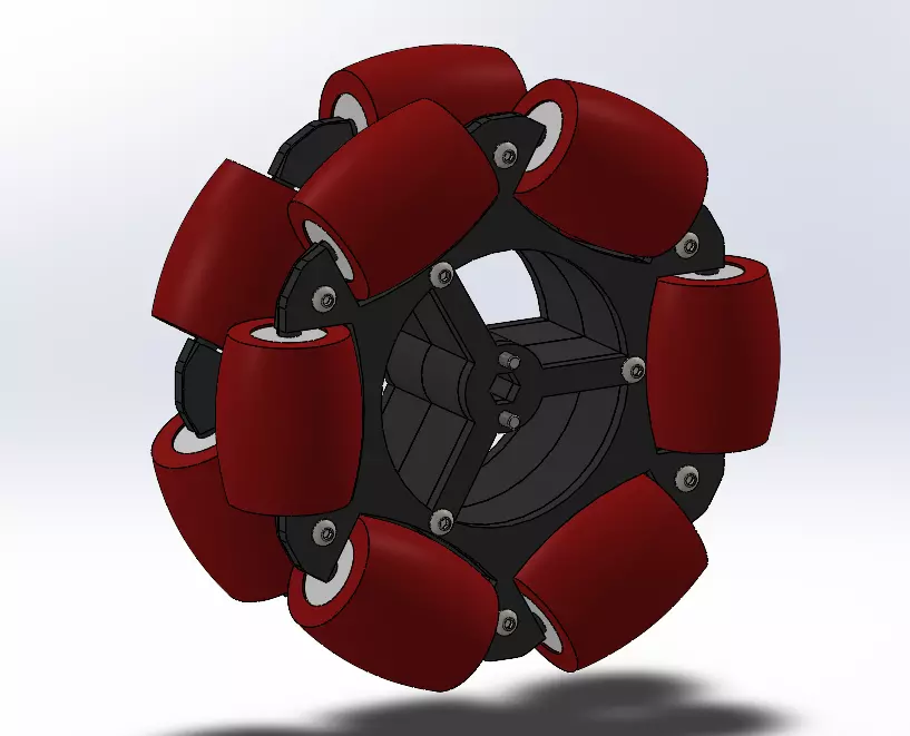 A SolidWorks design of a 3D-printed omni-wheel coated with urethane rubber