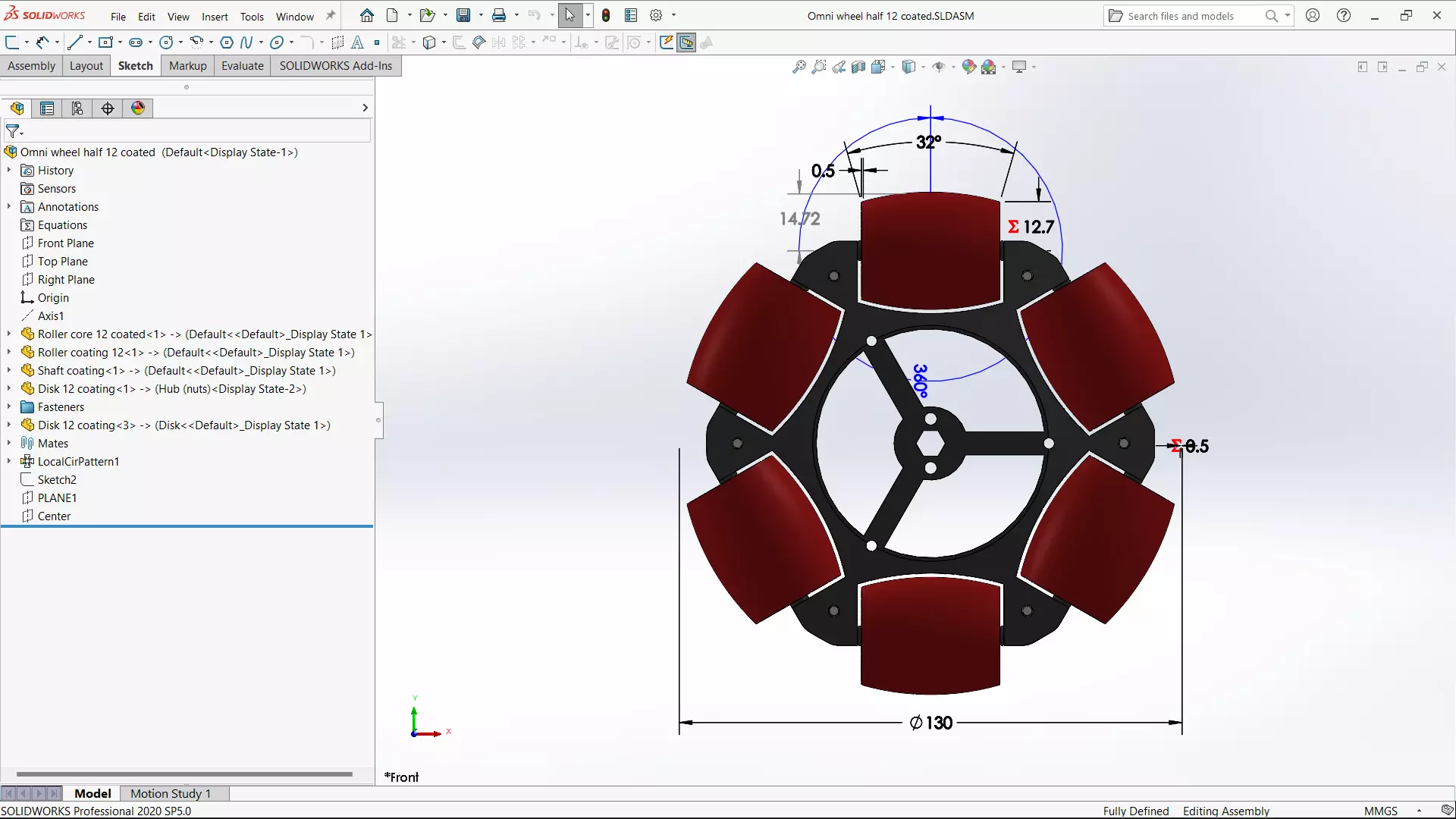Coated omni-wheel half with dimensions - front view