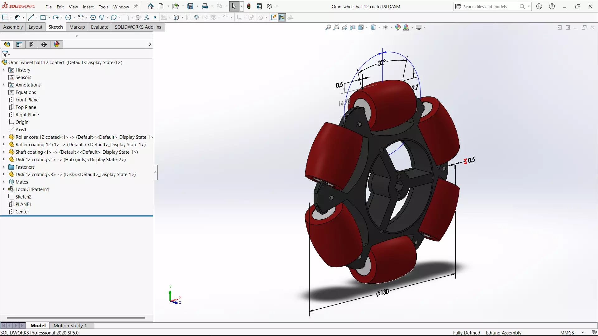 Coated omni-wheel half with dimensions - side view