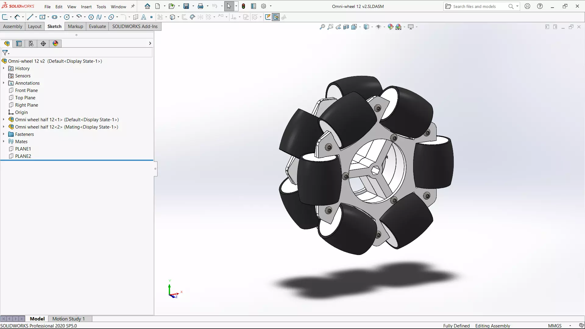A 12-roller omni-wheel with TPU-jacketed rollers - side view