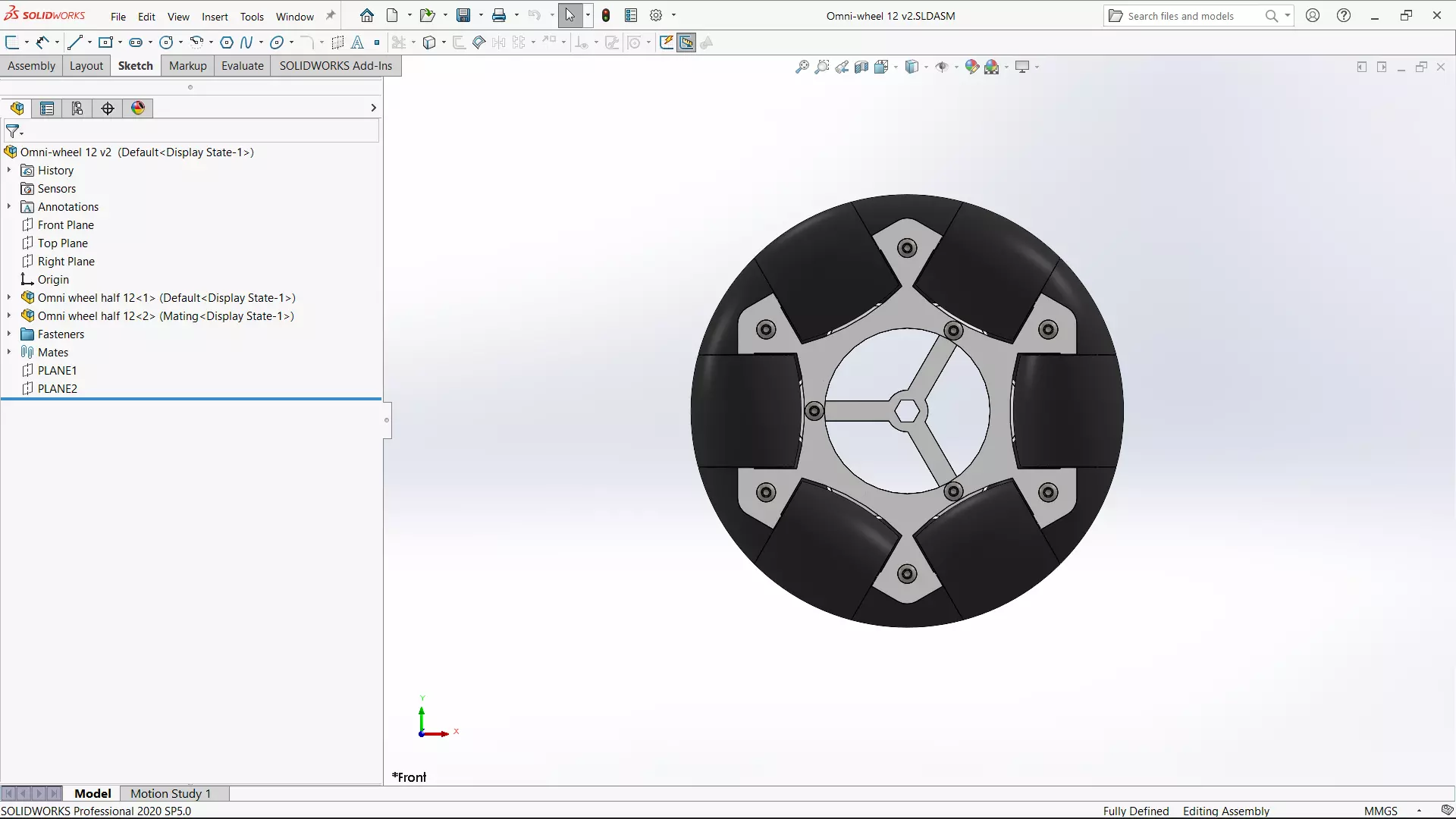 A 12-roller omni-wheel with TPU-jacketed rollers - front view