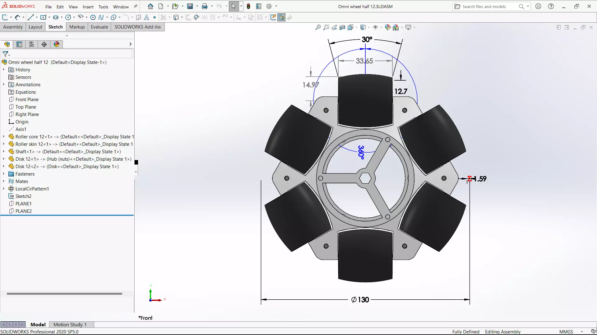 TPU-jacketed omni-wheel half - front view