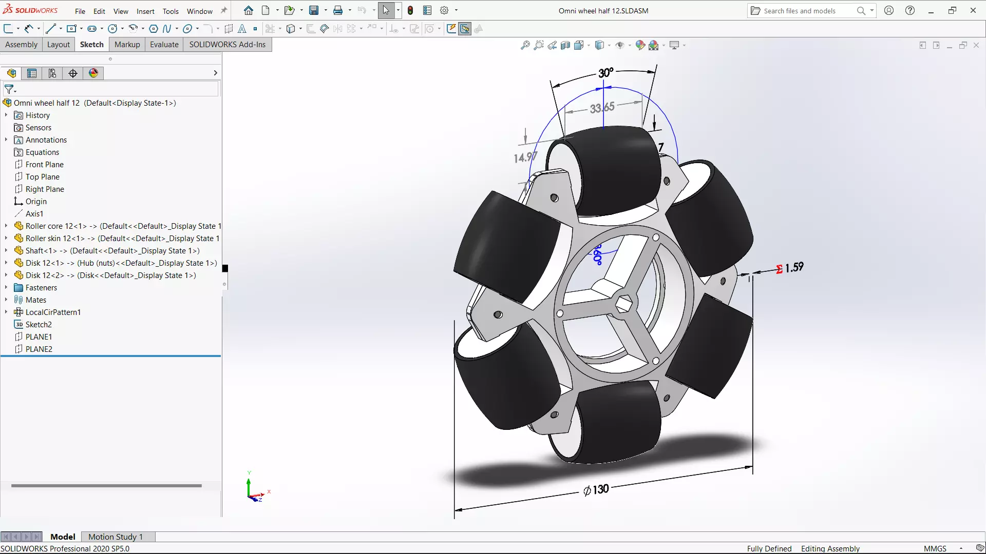 TPU-jacketed omni-wheel half - side view