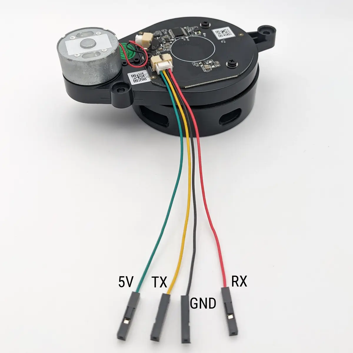 LDROBOT LD14P LiDAR with its 4-pin DuPont breakout cable, leads labeled TX, RX, 5V, and GND