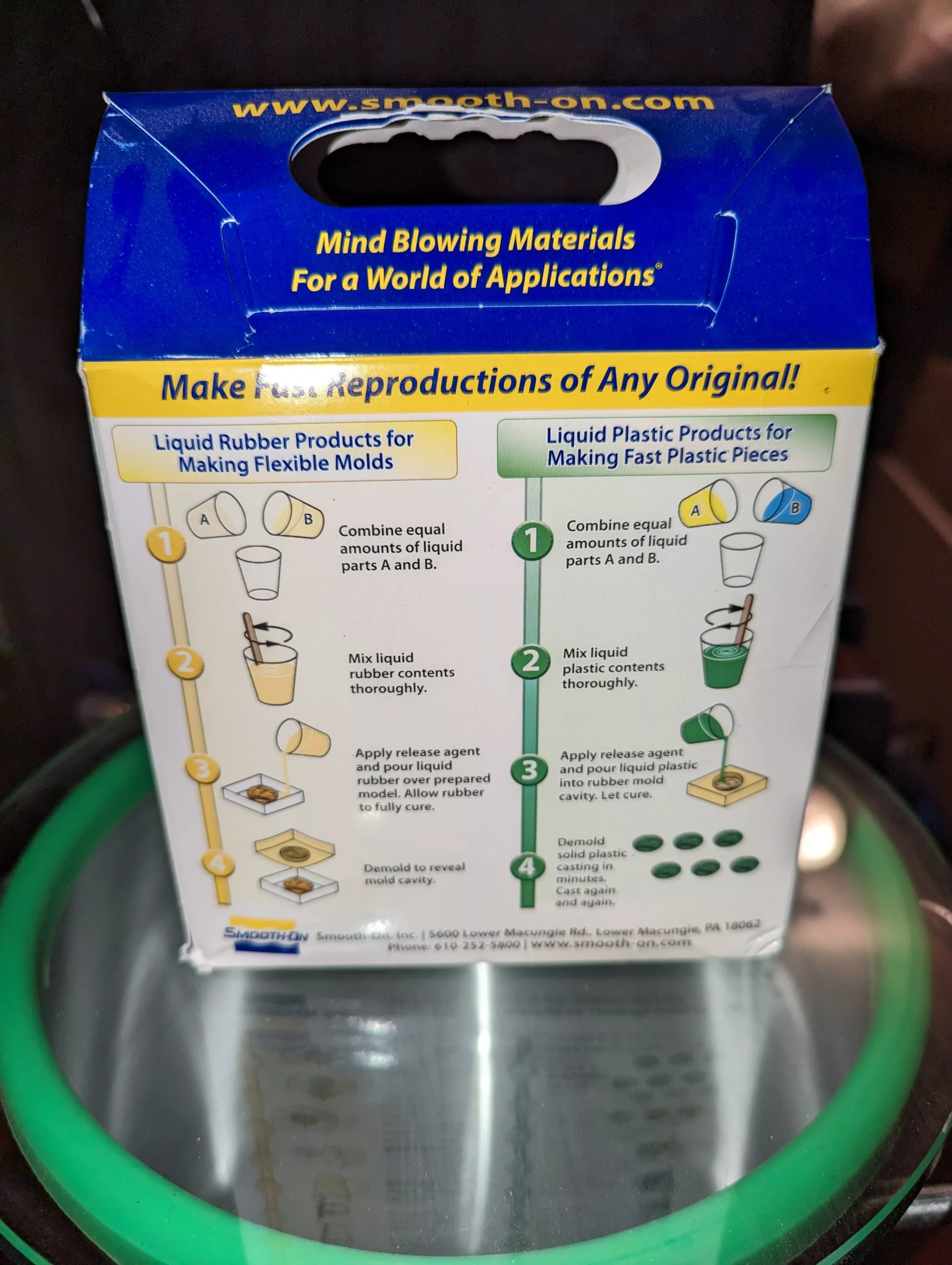 A Smooth-On kit box, view from the back