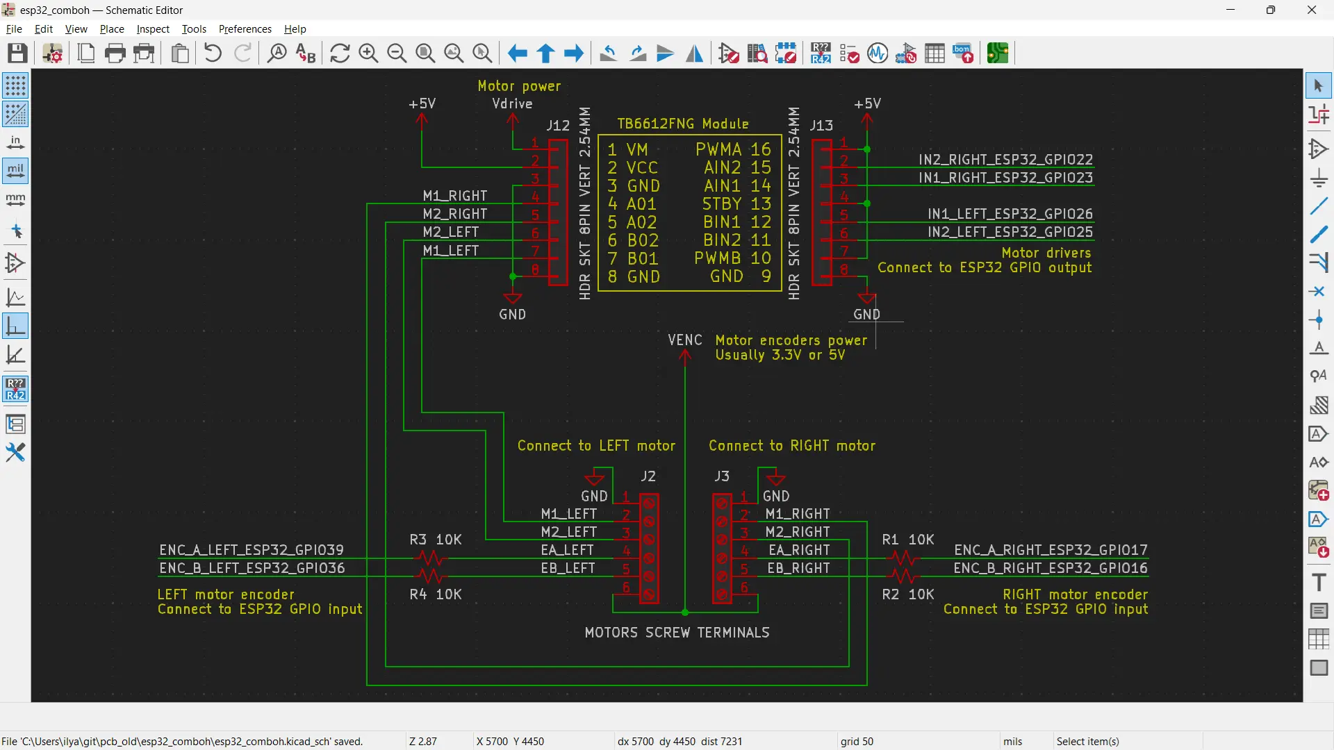TB6612FNG motor driver IC connected to ESP32 schematic