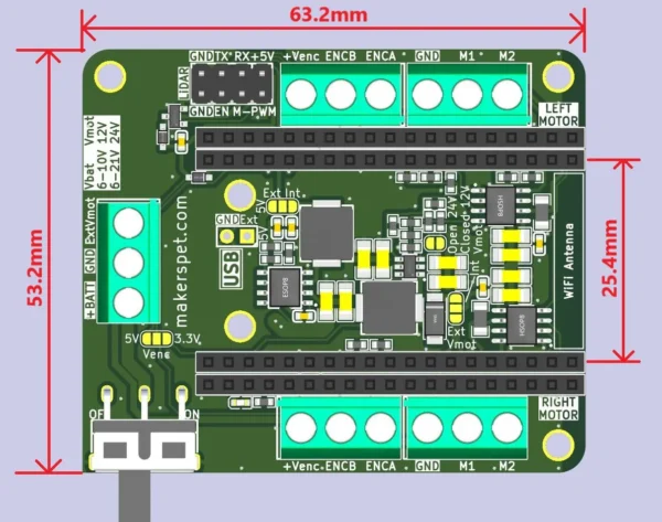 Driver Board for ESP32-DevKitC-V4, Brushed DC Motors and LiDAR