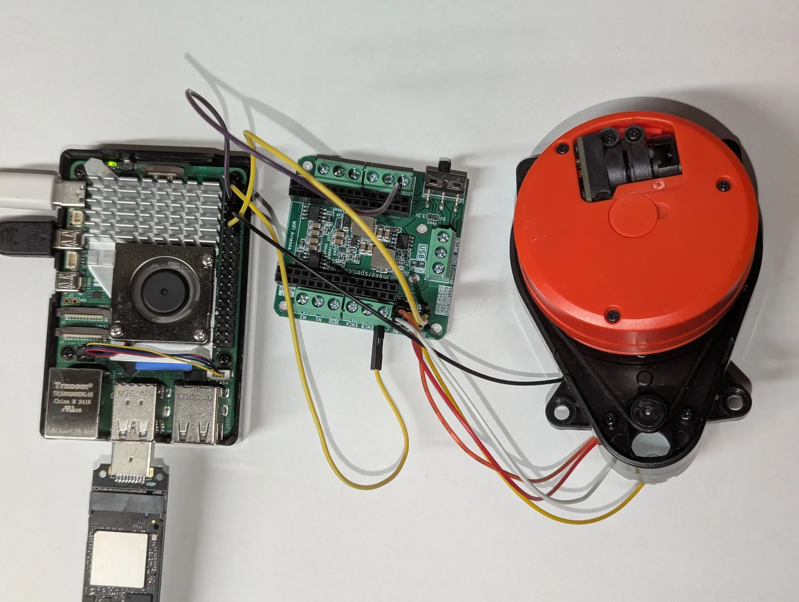 Raspberry Pi 5, Maker's Pet ESP32 driver board, and 3irobotix Delta-2A wired together