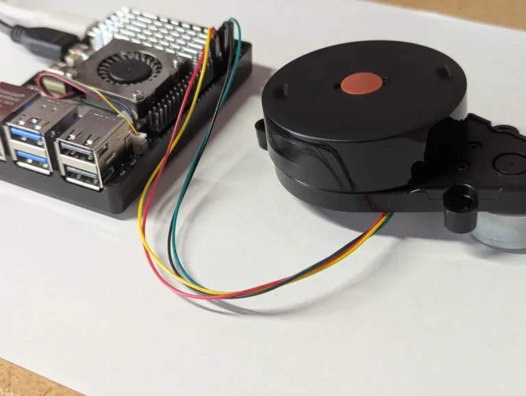 LDROBOT LD14P 2D LiDAR connected to and spinning on a Raspberry Pi 5, front view