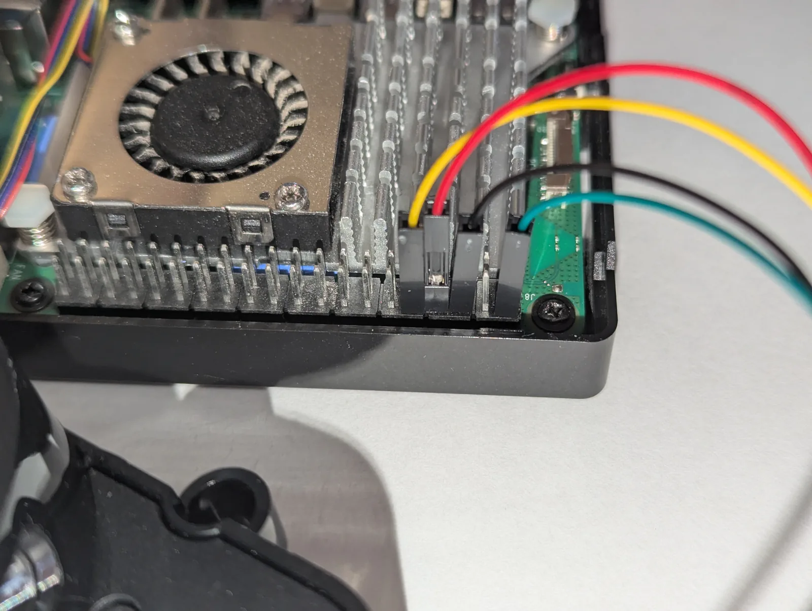 Close-up of the LDROBOT LD14P wiring on the Raspberry Pi 5 GPIO header