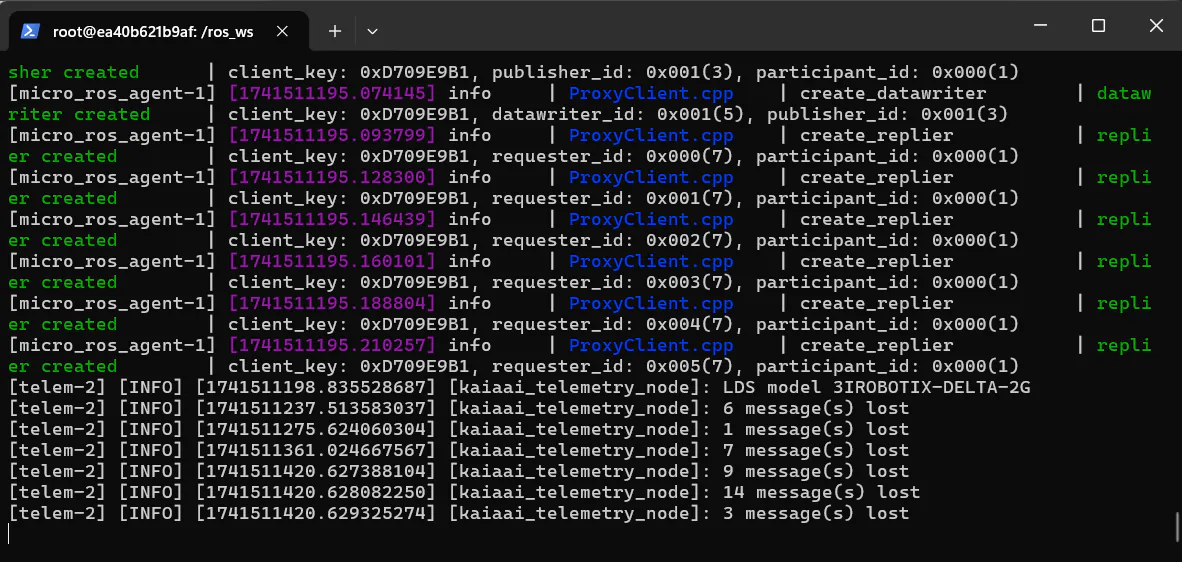 3irobotix Delta-2G LiDAR connected to Maker's Pet BDC-30P ESP32 Board ROS2 Bash Terminal Output
