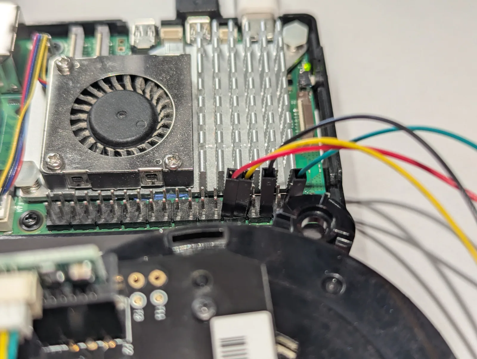 Close-up of four jumper wires on the Raspberry Pi 5 GPIO header