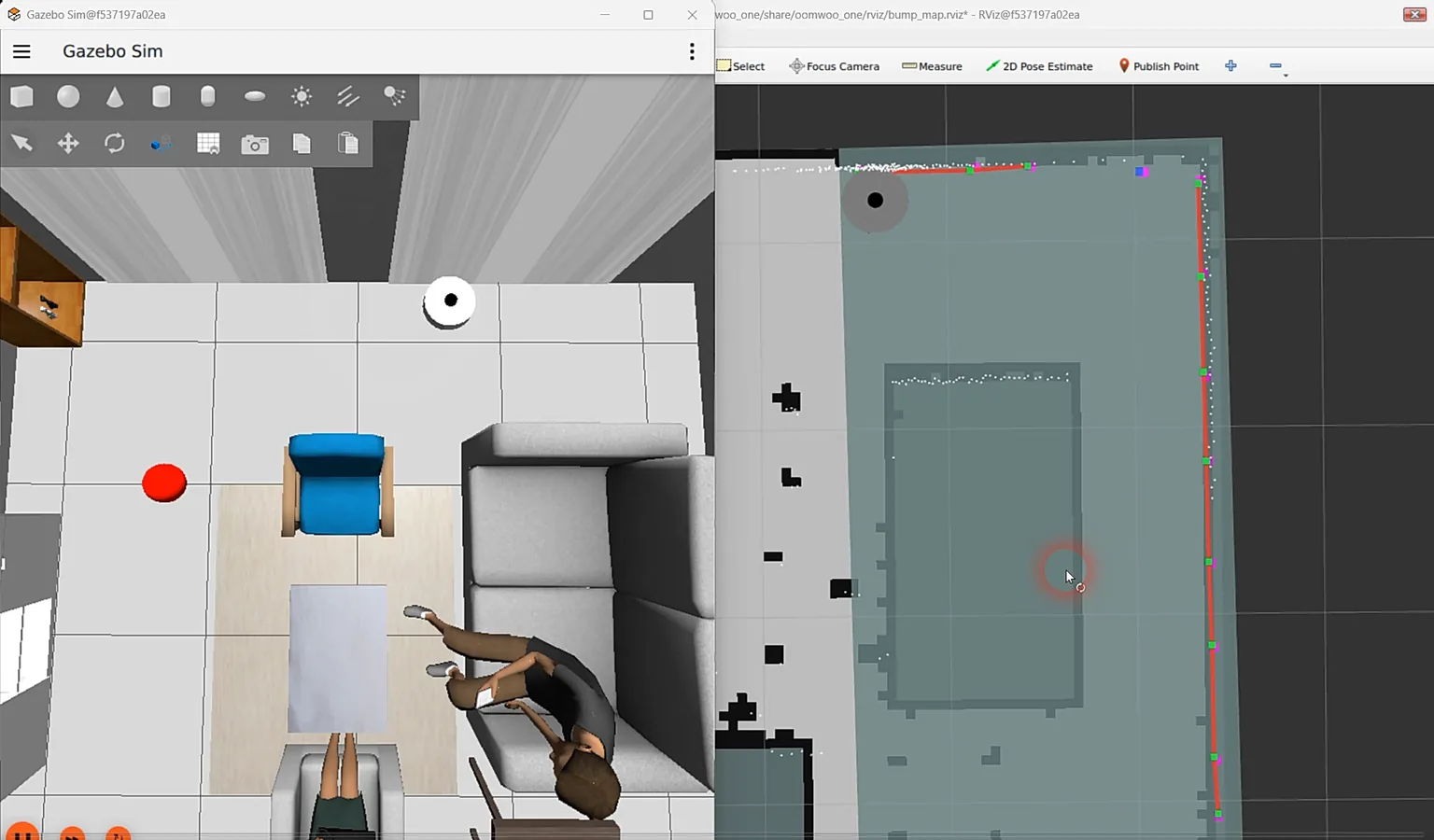 Split screen: Gazebo living-room simulation on the left, the RViz bump_map view on the right showing the SLAM map, a green bump keep-out layer and red wall segments the robot built by bumping.