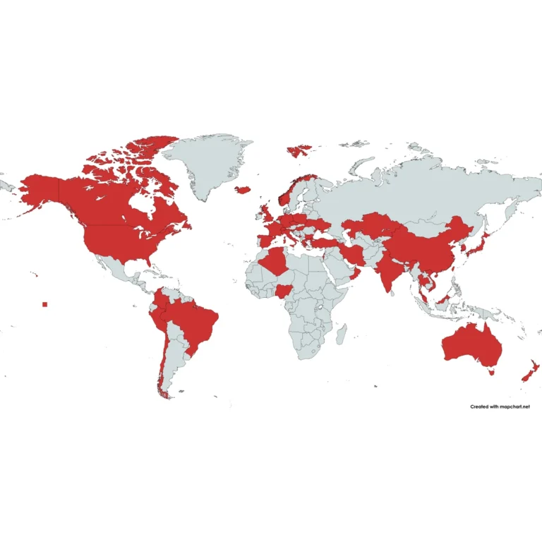 World map with the 34 countries Makers Pet has shipped to highlighted in red