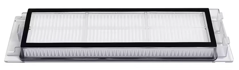 Long shallow Roborock HEPA filter in a clear tray, three pleat columns seen at a low angle