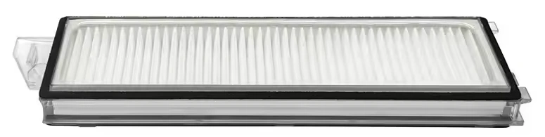 Long shallow Roborock S8 Max Ultra HEPA filter seen at a low angle, with its side tab at the left