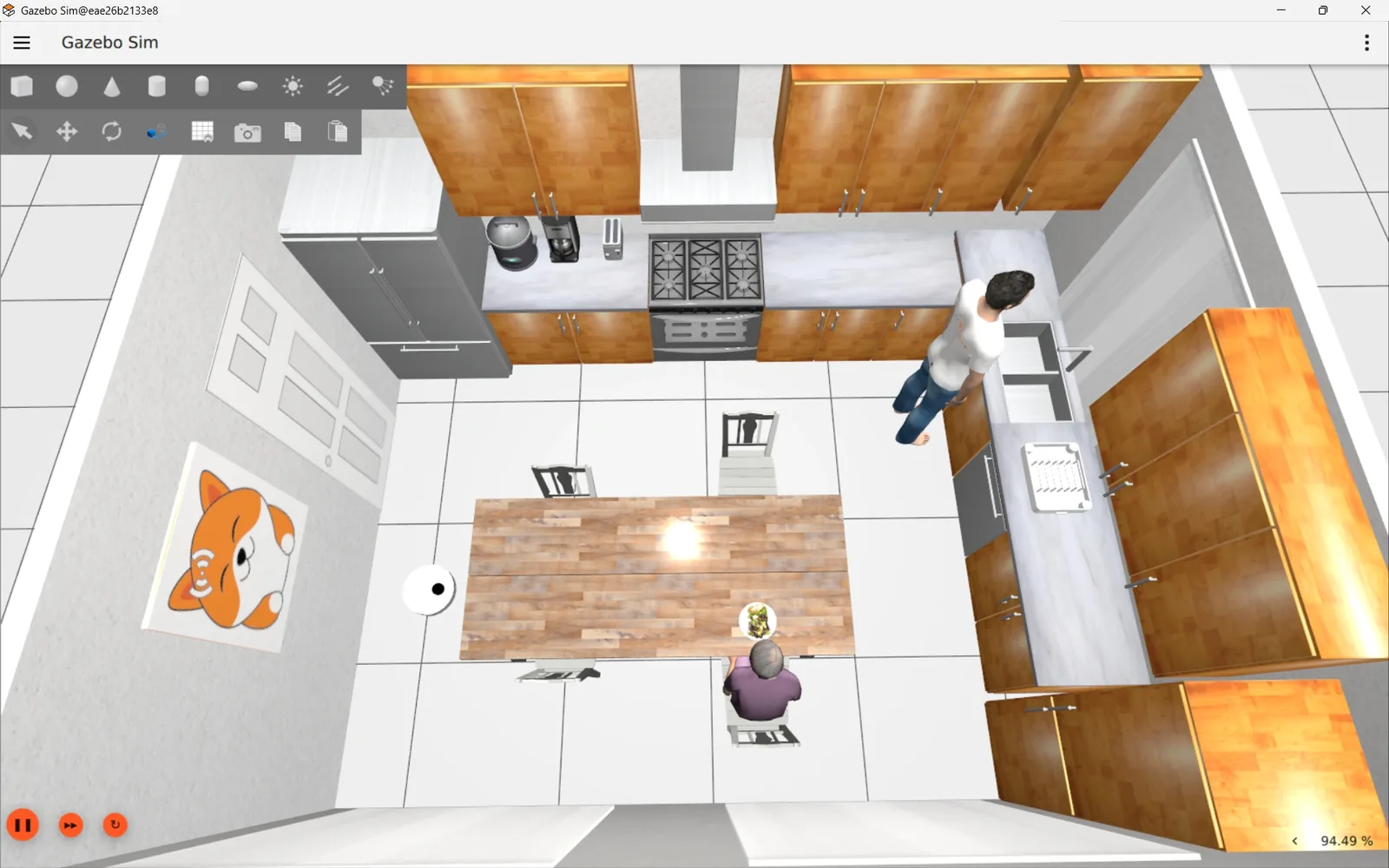 Gazebo simulation of a kitchen and dining room with cabinets, appliances, a dining table, two people and the OOMWOO robot vacuum