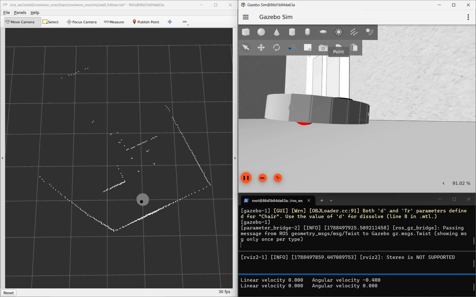 Robot vacuum tipped nose-down in Gazebo, with RViz showing a false wall in the LiDAR scan