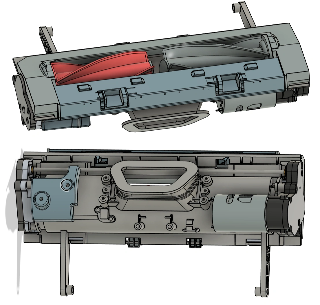 Reverse-engineered CAD of the vacuum assembly with gearboxes and split main brush