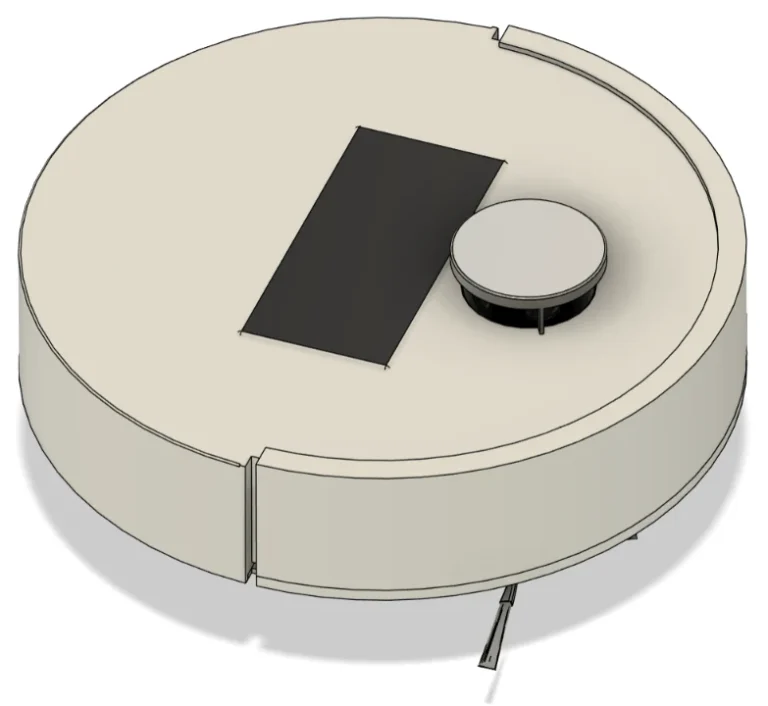 3D design of the OOMWOO robot vacuum, with a smartphone screen visible through the top of the enclosure next to the LiDAR
