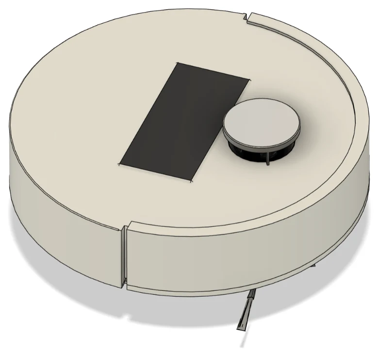 3D design of the OOMWOO robot vacuum, with a smartphone screen visible through the top of the enclosure next to the LiDAR